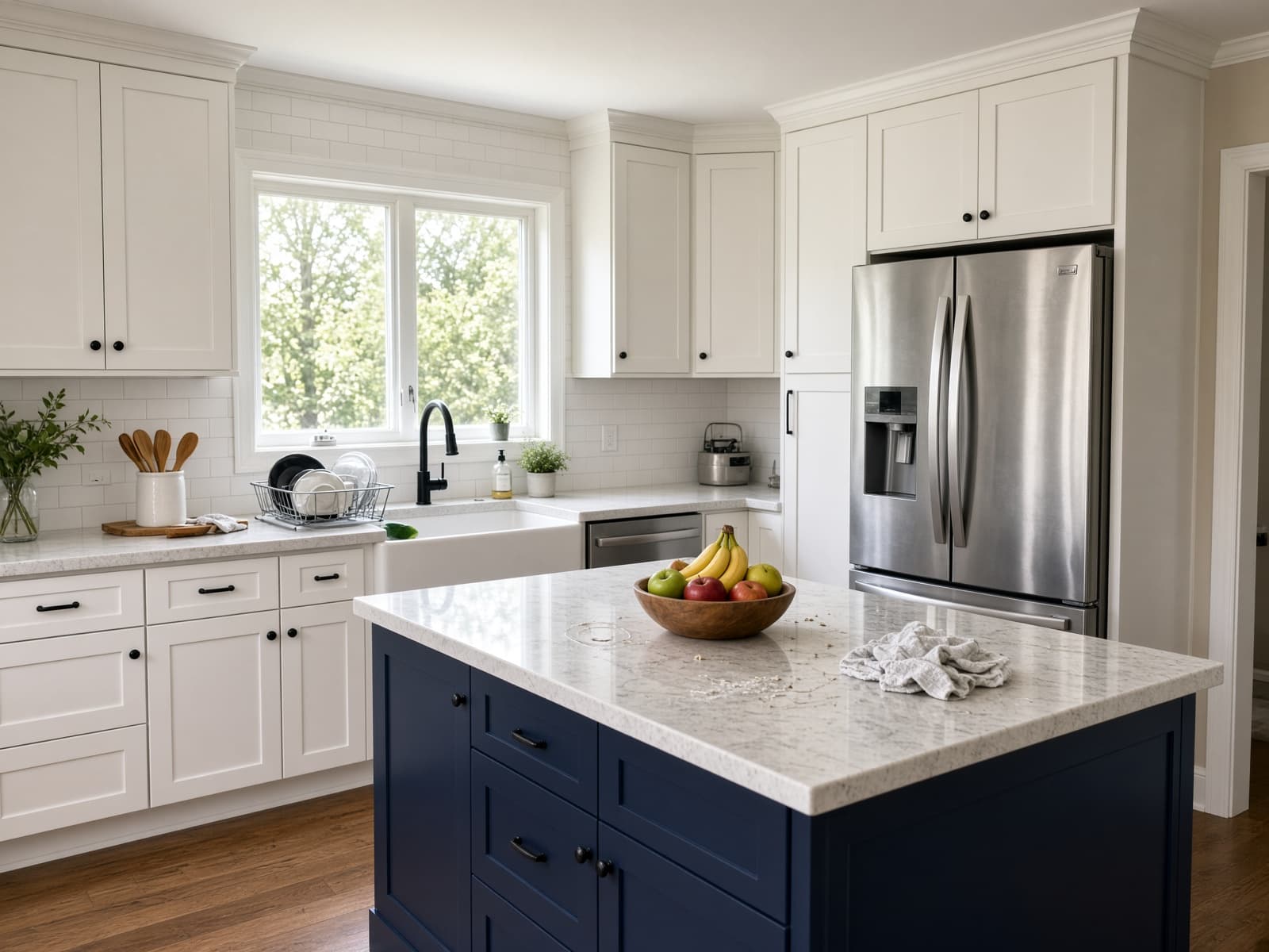 Lived-in kitchen before a professional clean, with dishes in the sink and cluttered counters