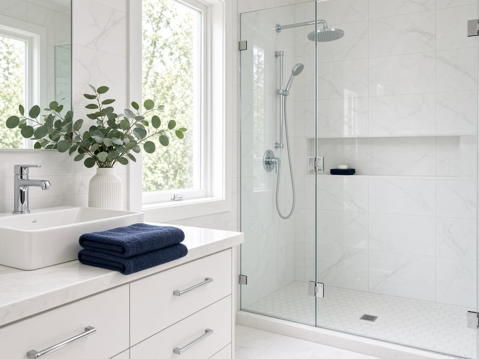 Bright bathroom with glass shower and neatly folded navy towels