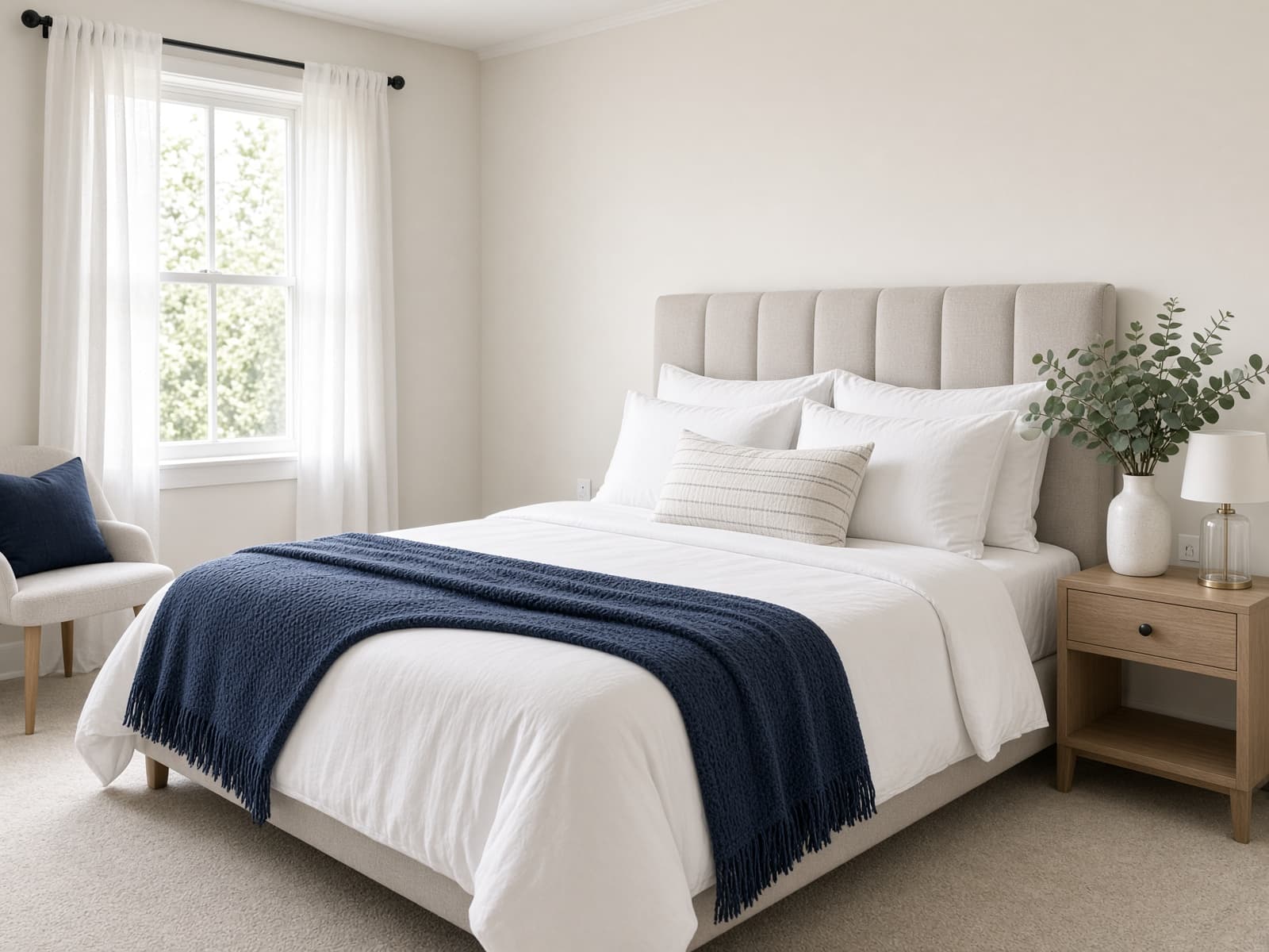 Guest bedroom with white linens and a navy throw, staged after a turnover clean