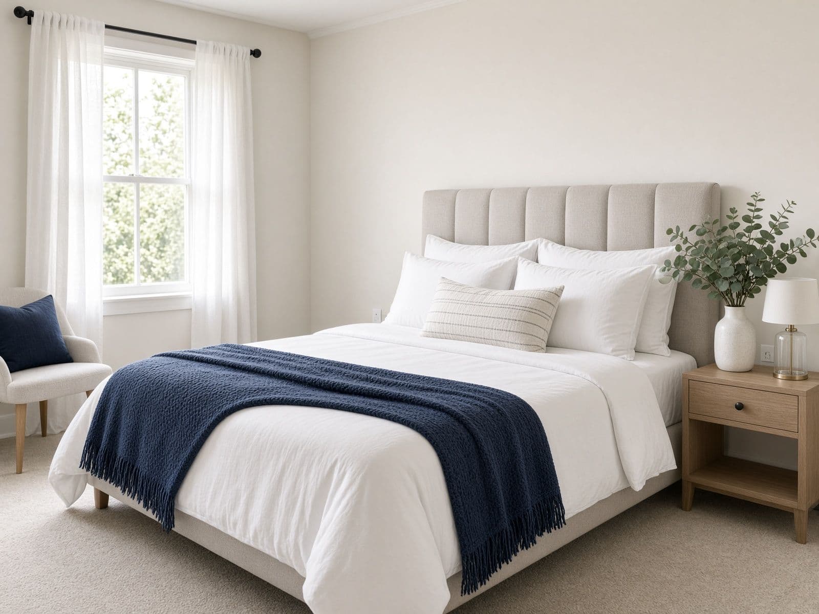 Guest bedroom with white linens and a navy throw, staged after a turnover clean