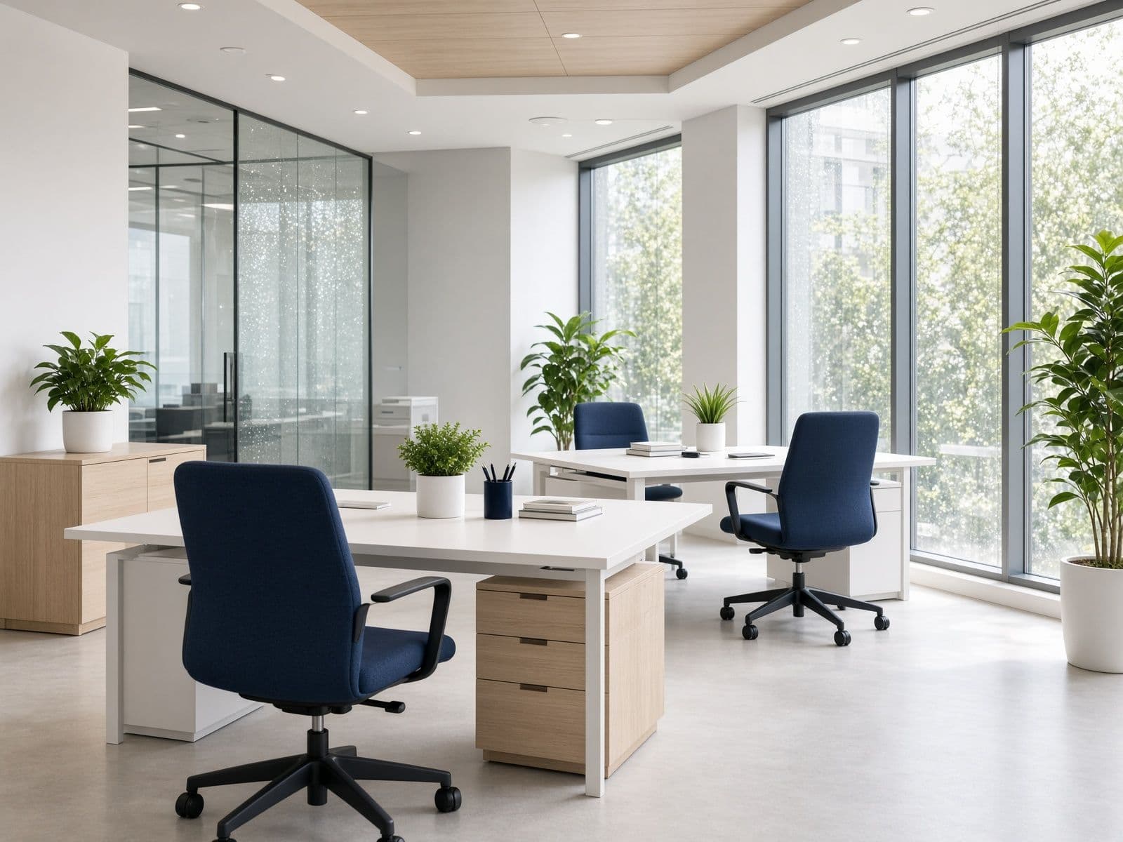 Clean, bright office with organized desks and large windows